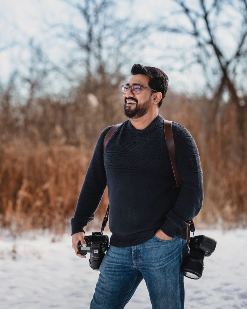 Toronto Wedding Photographer, right before action in a snowy photoshoot.