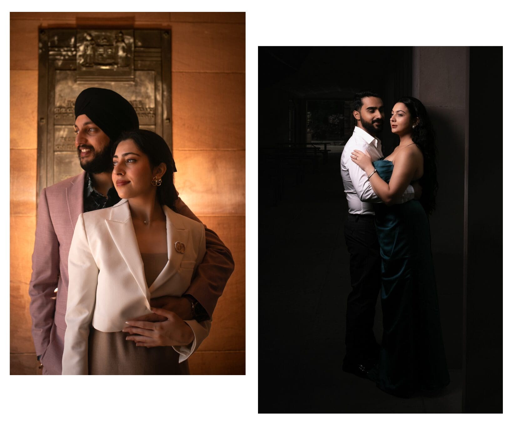 Two cinematic Toronto engagement portraits showing couples in elegant evening outfits, one with warm golden indoor light and one in a moody doorway embrace, captured in a storytelling engagement photography style.
