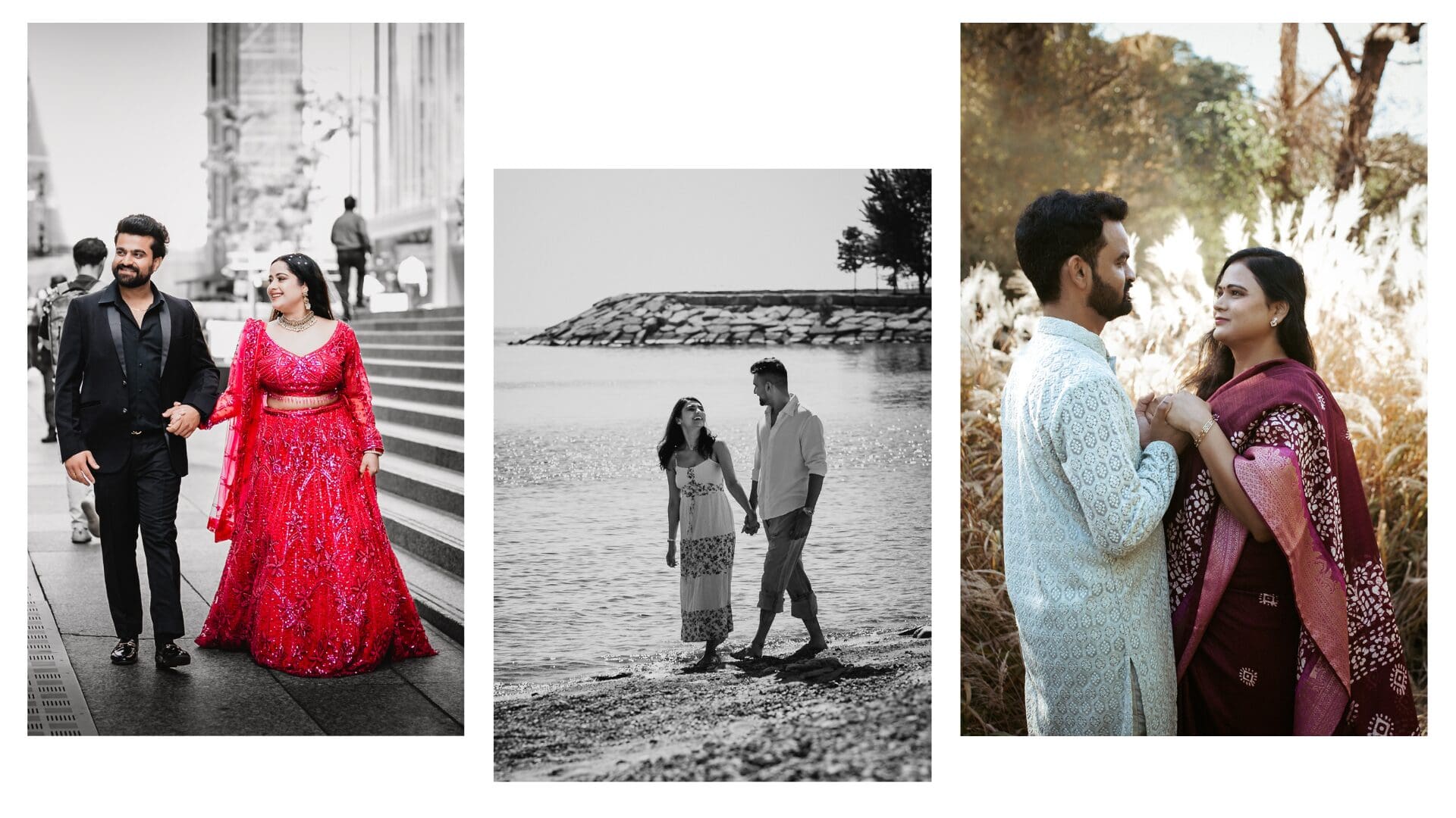 Collage of three Toronto engagement photos showing a couple walking downtown, a black and white shoreline walk by the water, and a romantic portrait in traditional South Asian outfits, captured in a cinematic storytelling style.