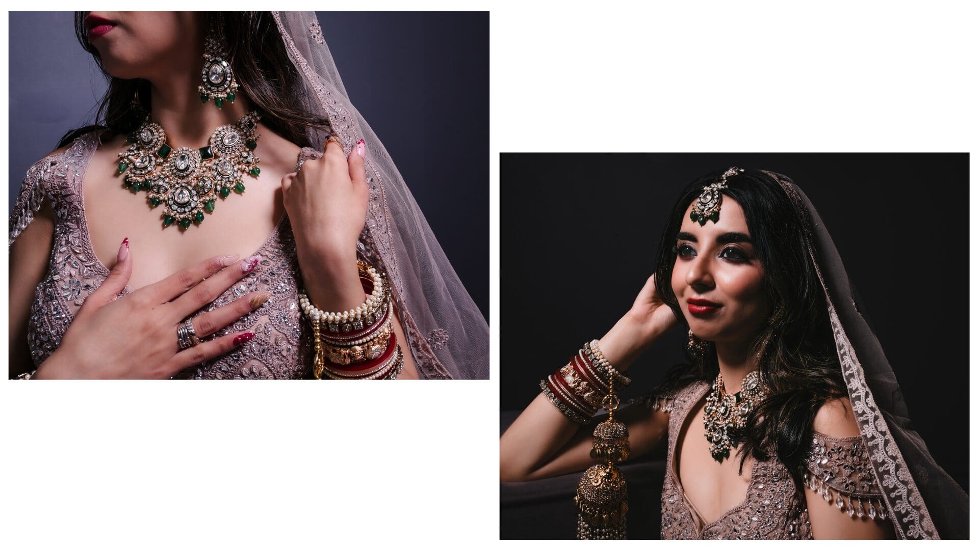 Cinematic Toronto South Asian bridal portraits featuring a bride in a beaded lehenga and veil, with close-up jewelry and bangles details and a moody studio portrait, captured in an editorial wedding photography style.